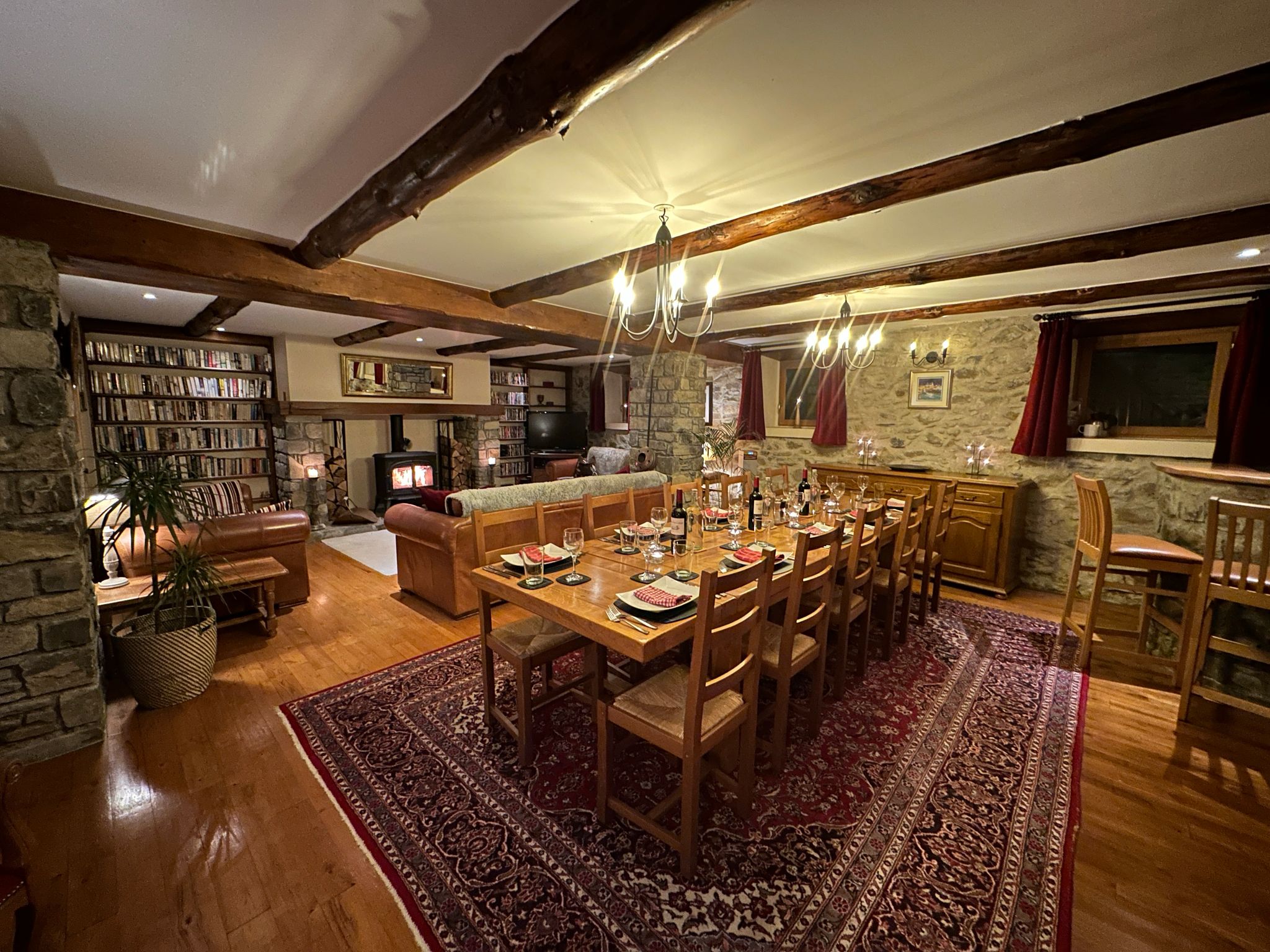 Long dining table set for 14