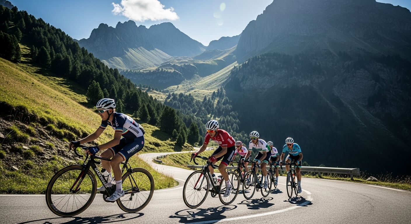 Cyclists on a Pyrenees mountain road